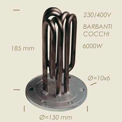  - RESISTENZA PER BARBANTI/COCCHI V.230 W.6000, Flangia mm.130, Fori 6 mm.10, Altezza mm.185